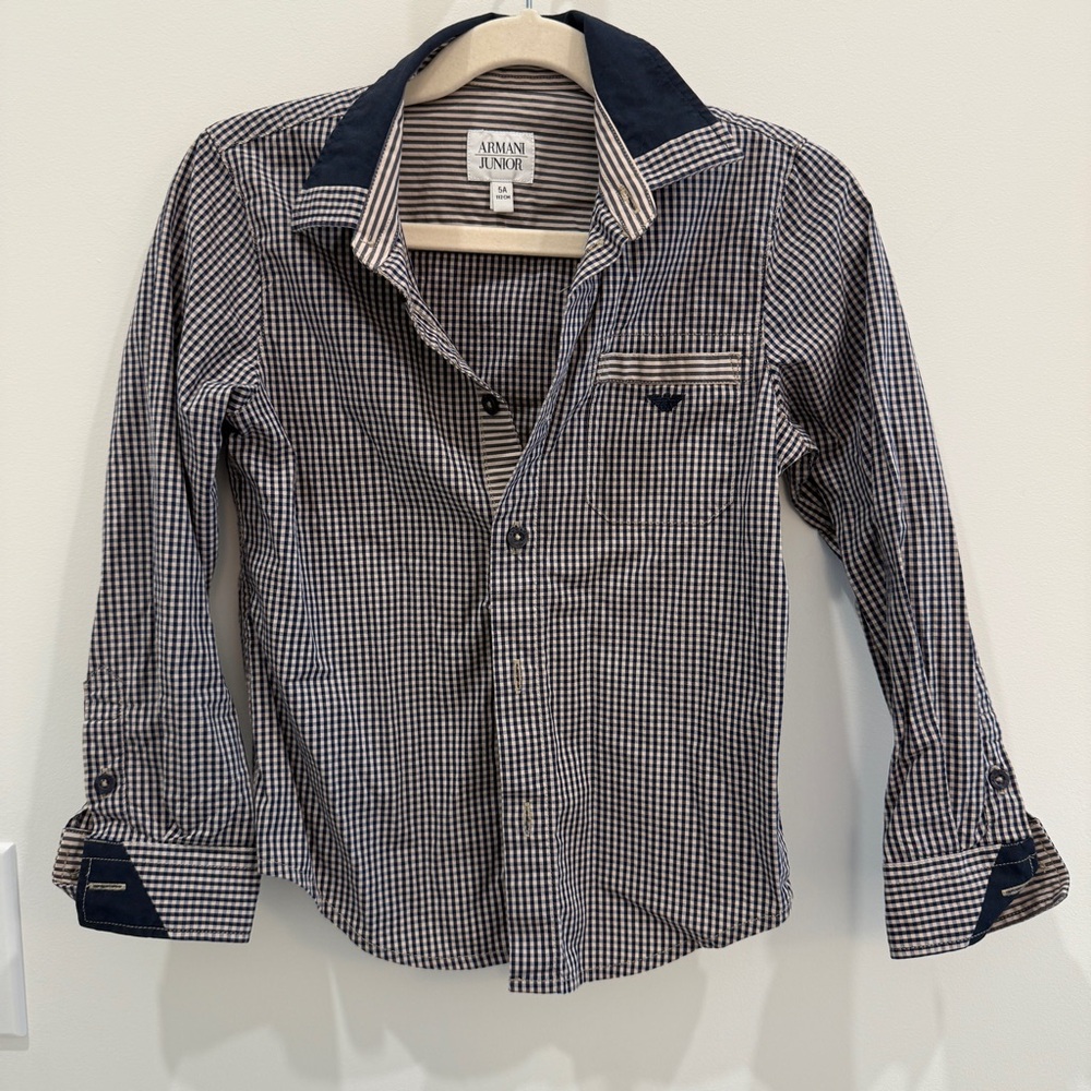 Armani Junior Navy Checkered Button Down Shirt